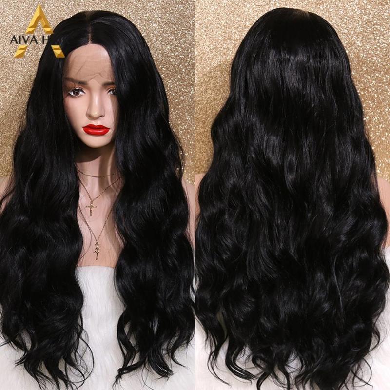 

Aiva Hair Heat Resistant Synthetic Lace Front Wig Middle Part Long Body Wave Black Wig Glueless Daily/Cosplay Wigs For Women