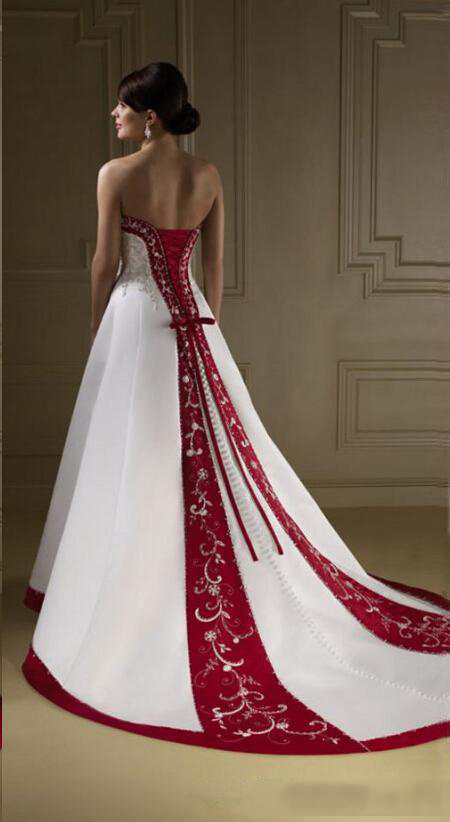 

Vintage White and Red Emboridery A Line Wedding Dresses With Sweetheart Floor Length Custom MAde Vestido De Novia Cheap, Same as image