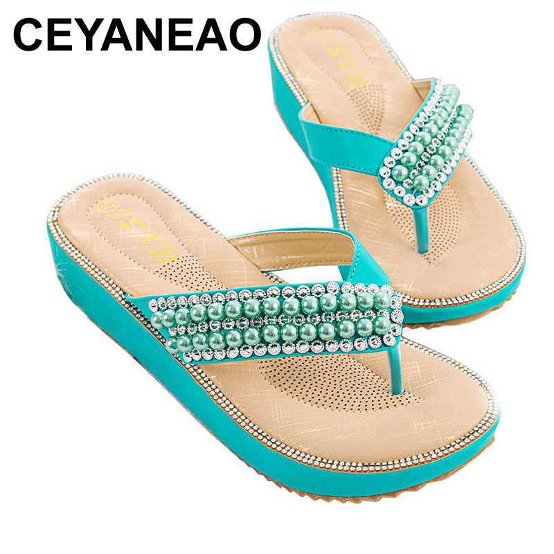 

CEYANEAOBeads platform flip flops woman summer toe clip sandals beach shoes women design wedge sandals breathable sandalia, Apricot