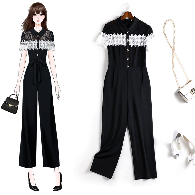 

4XL 5XL 2020 summer women plus size jumpsuit lace patchwork turn down collar black bodysuit elegant rompers jc86