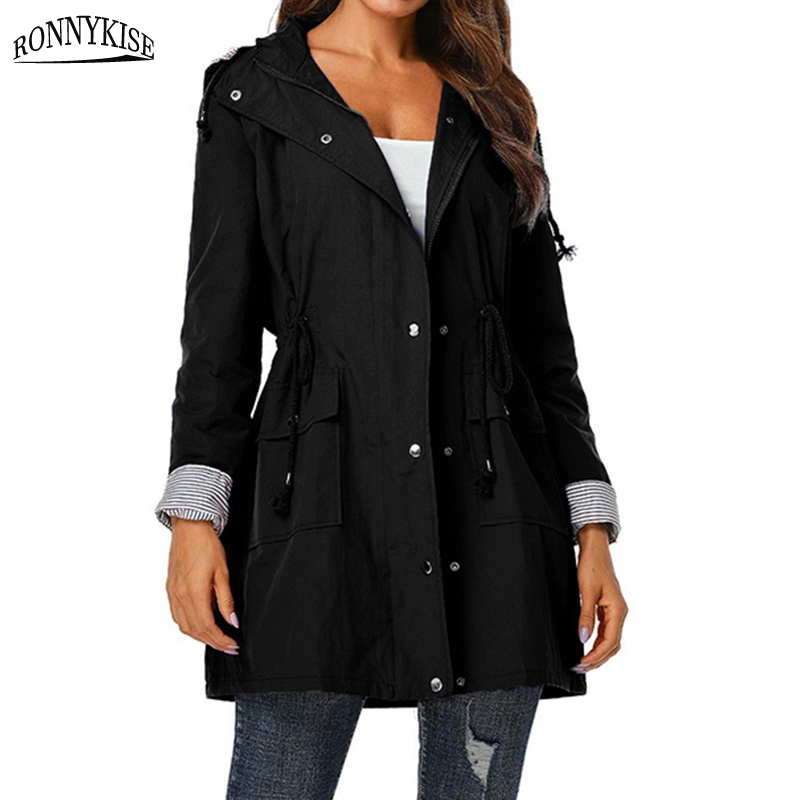 

RONNYKISE Autumn Winter Fashion Casual Hooded Drawstring Waist Coat Womens Outdoor Waterproof Coat Long Ladies Windbreaker, Black