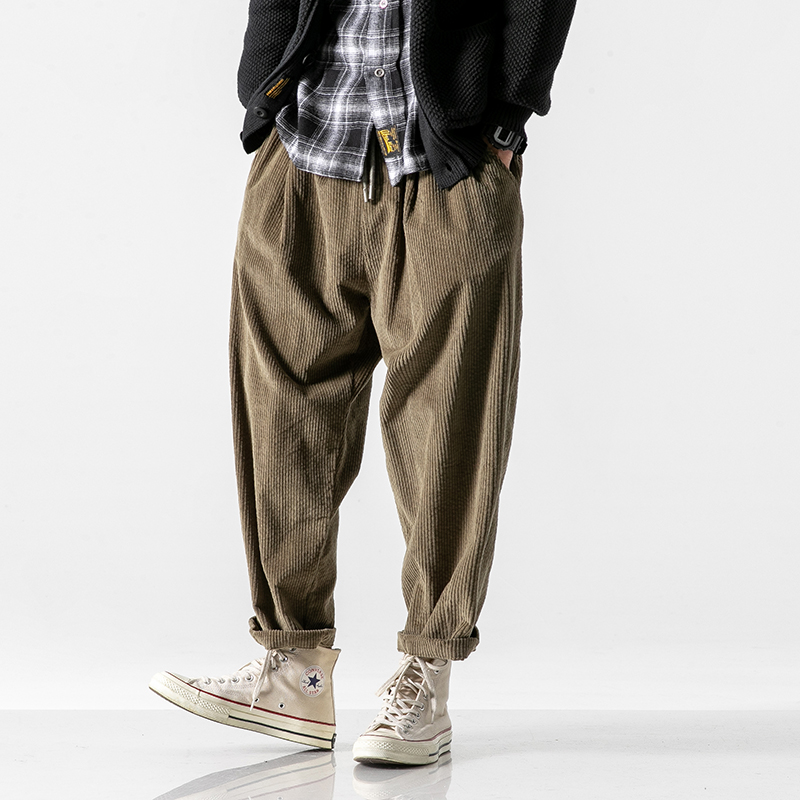 

Men's Pants Men Corduroy Harem Joggers Sweatpants Male Streetwear Hip Hop Loose Casual Vintage Straight Trouser Thick Wide Leg, Army green