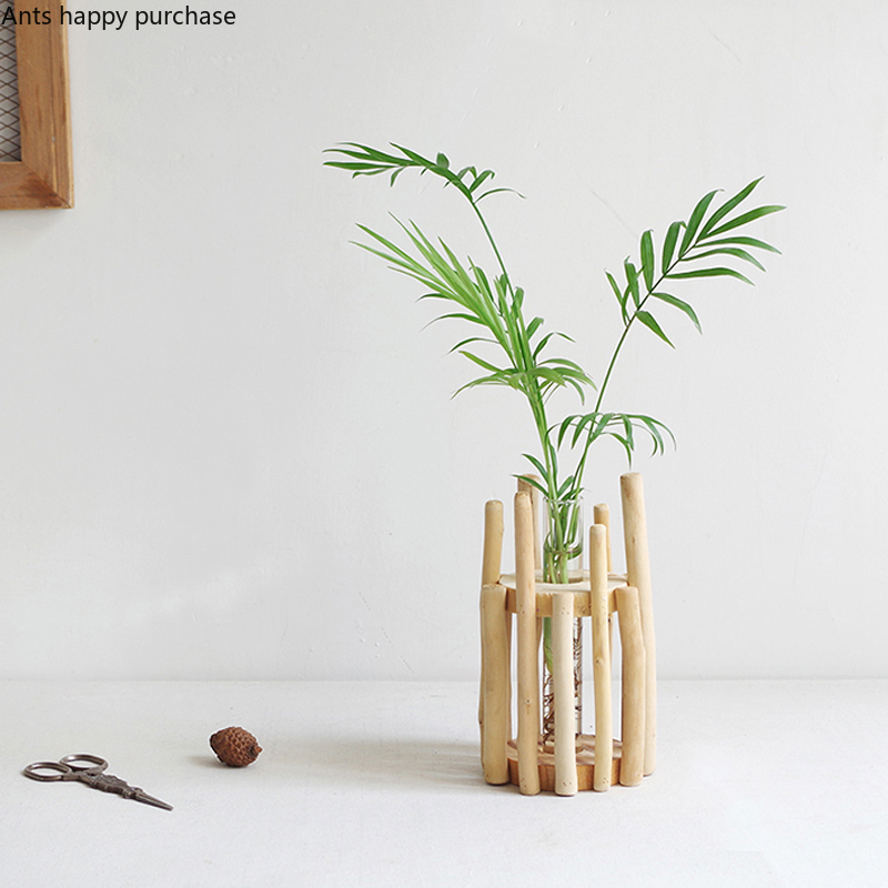 

1 set Glass Vase Tube Shape Clear Flower Bottle with Wooden Shelf Wood Stand Glass Floral Hydroponic Container Home Decor