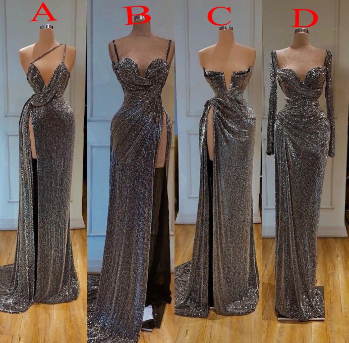 

New Sexy Side Split Silver Sequined Mermaid Prom Dresses Long Sleeve Zipper Back Formal Evening Gowns robe de soiree Abendkleider, Same as picture
