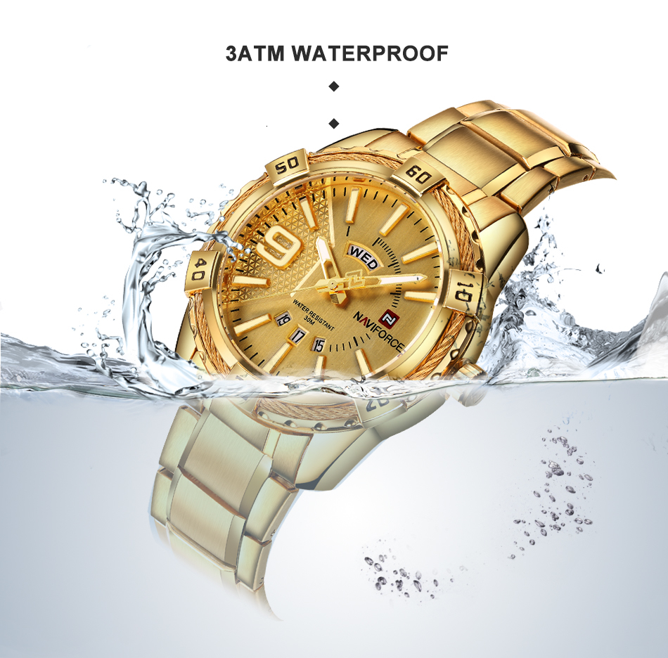 NAVIFORCE Luxury Brand Mens Sport Watch Gold Full Steel Quartz Watches