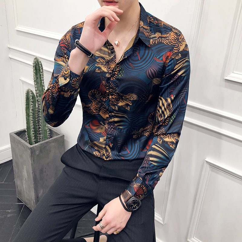 Alion Mens Party Nightclub Patterns Slim Fit Long Sleeve Stylish Button Front Shirts
