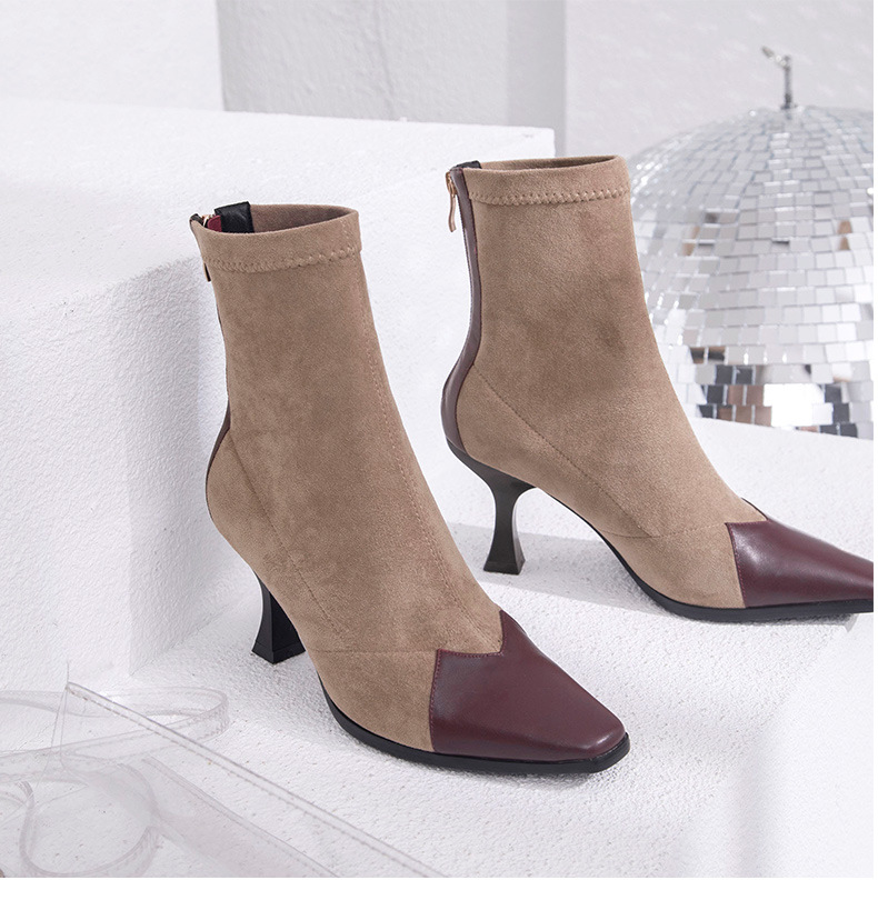 

Cowhide luxury pointed toe color-blocking short boots women's fall 2020 new top leather cowl back zipper stretch socks boots size 34-39, Apricot