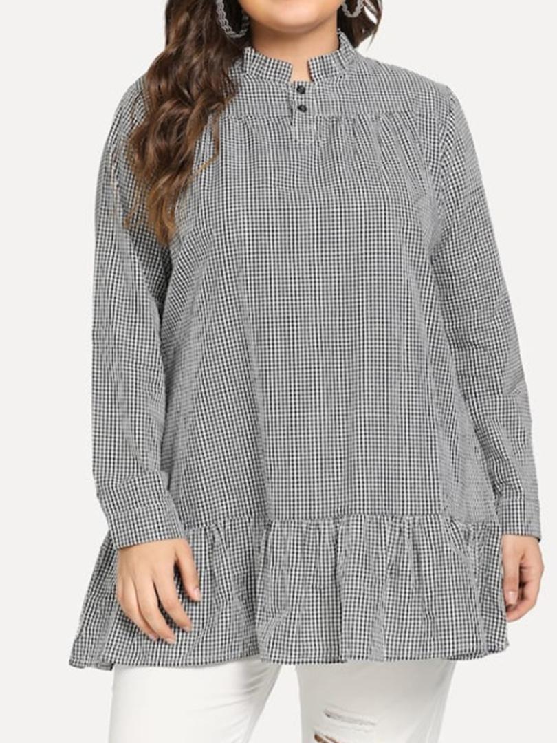 

Plus Size Dress Tops Ruched Plaid Long Sleeve Long Tops Short Mini Dress Soft, Black