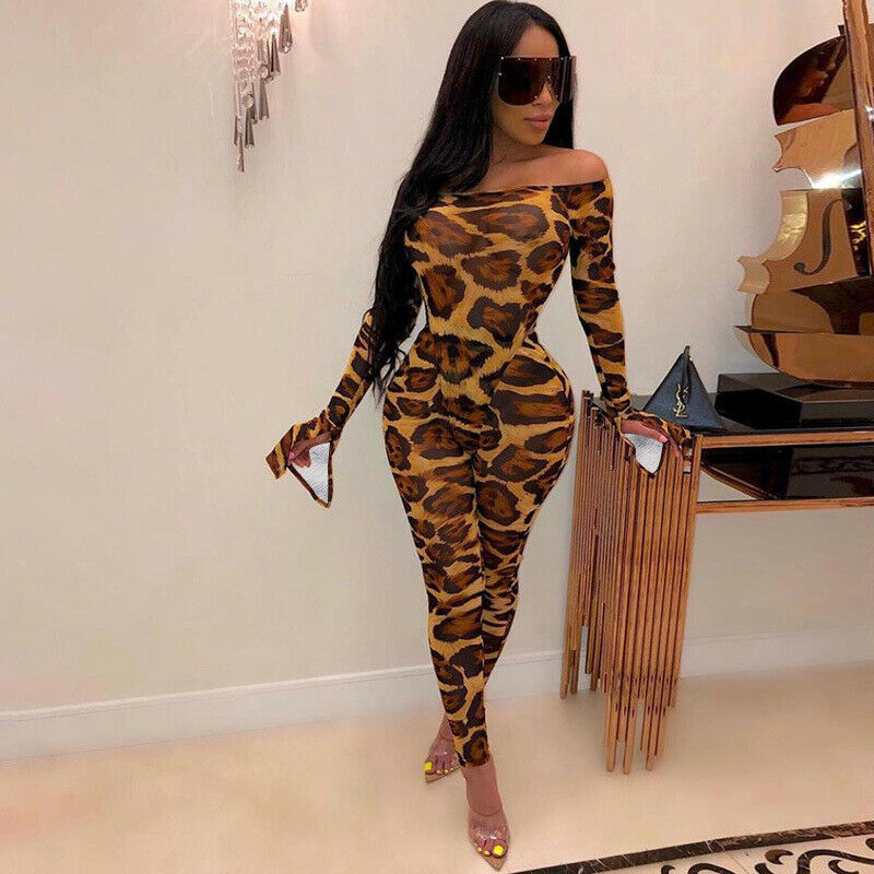 

New Leopard Slim Jumpsuit for Women Sexy Off Shoulder Bodycon Long Pants Jumpsuit Women Lace Party Clothing Plus Size, As pic