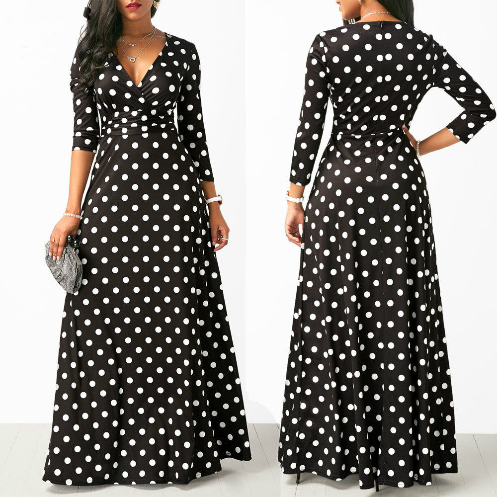 

Februaryfrost Women Dots Print Long Maxi Dresses Bohemian V-neck Three Quarter Sleeve Ethnic Beach Party Dress, Black