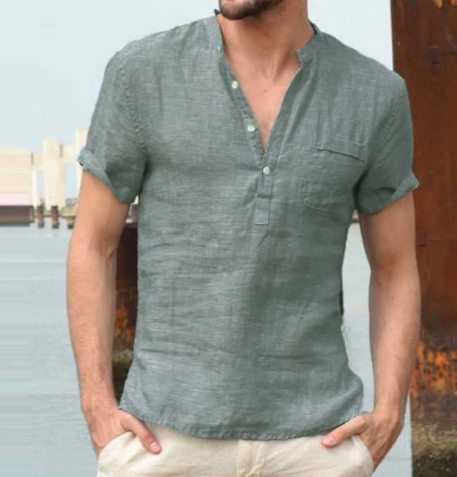 

2020 new men' cotton and linen shirts casual linen solid color shirts, Beige