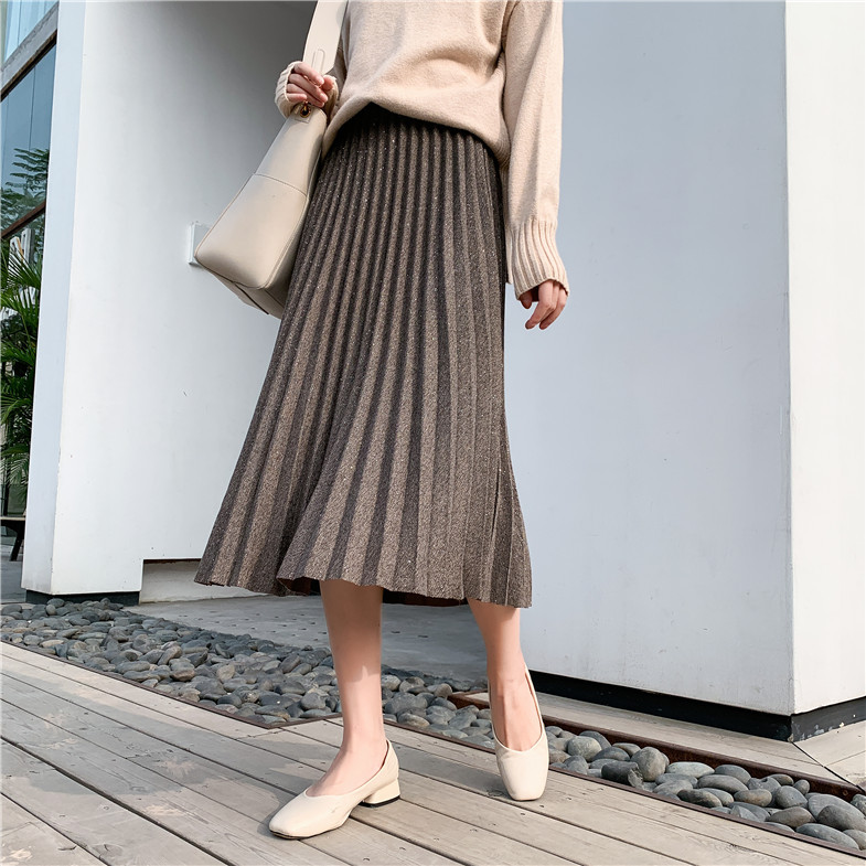 

Women Autumn Long Knitted Skirt Elegant Winter A-Line Long Skirts Elestic Waist High Waist Pleated Saia 3 Colors 022802, Black