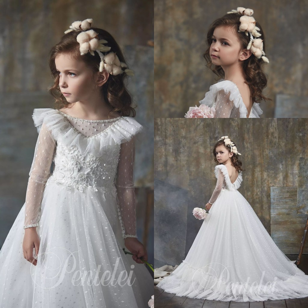 

Ball Gown Flower Girls Dresses Long Sleeves Jewel Neck Appliques Beads Pearls Girls Sequins Pageant Dresses Sweep train Girls Party Gowns, Burgundy