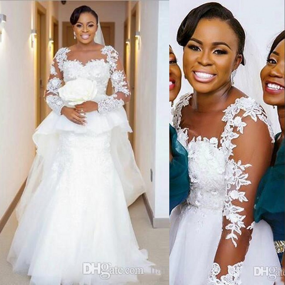 

New Mermaid Wedding Dresses African Jewel Neck Lace Appliques Beads Sheer Long Sleeves Peplum Sweep Train Dubai Vestidos Formal Bridal Gowns, White