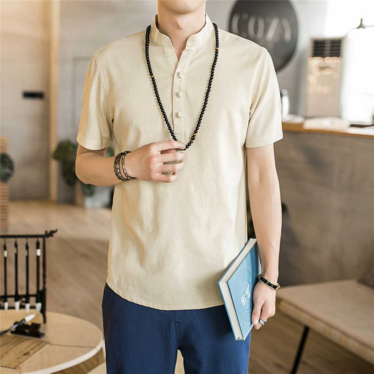 

2020 Men Casual Shirt Short Sleeve Mandarin Collar Shirts Solid Color Traditional Chinese Style Blouse Cotton Linen Clothing 5XL, White shirt men
