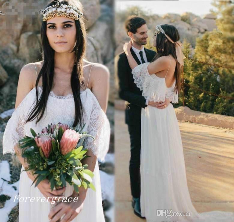 

2019 New Designed Bohemian Beach Lace Chiffon Wedding Dress Long Pregnant Women Country Style Western Bridal Gown Custom Made Plus Size, Champagne