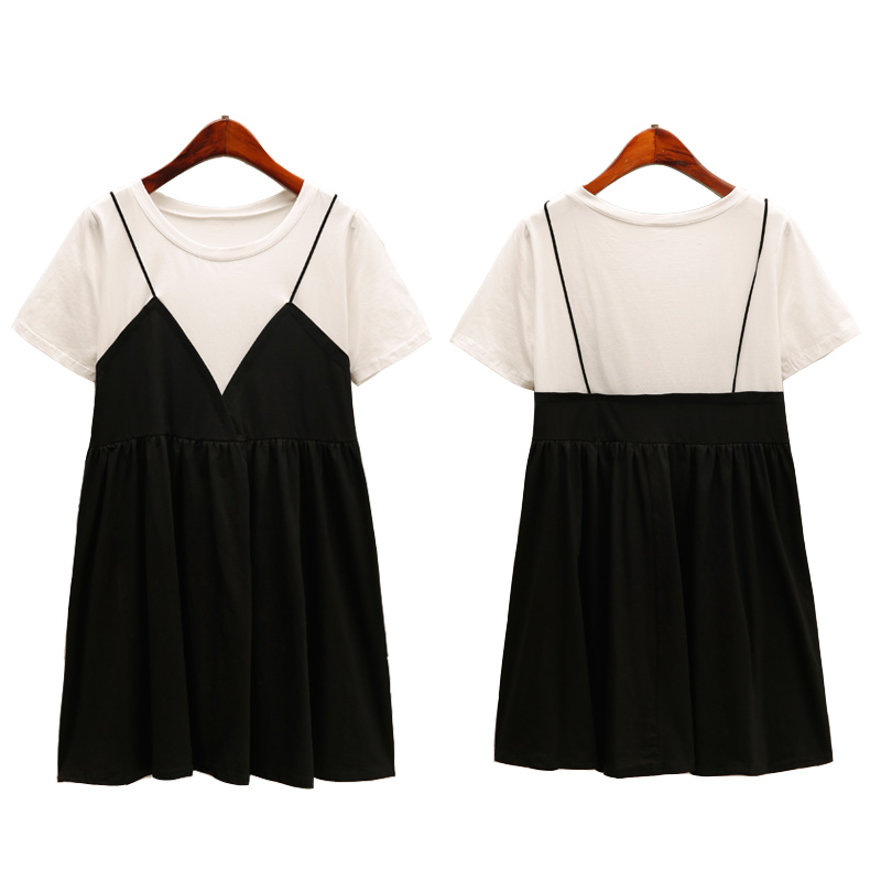 

New Arrival Summer 2020 Korean Fashion Clothing Women Preppy Style Faux Two Piece Loose Plus Size -5XL Cotton Short Dress 5312, White