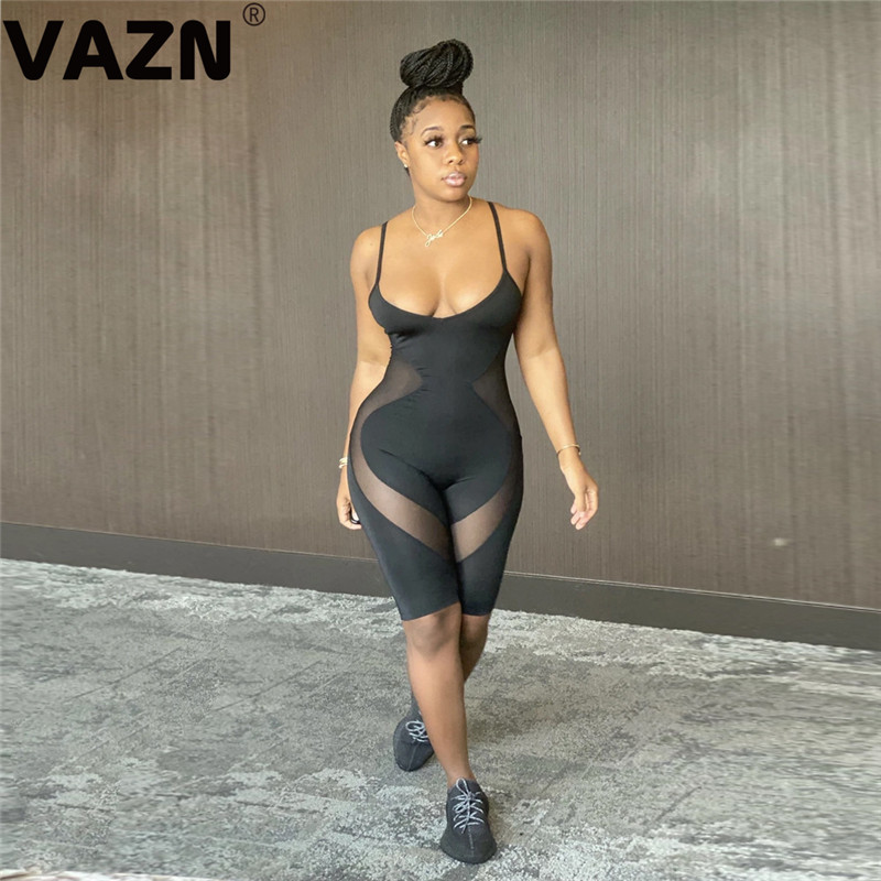 

VAZN Hot 2020 Sexy Sport Running Hole Bandage Rompers Jumpsuit Sexy Fashion Sleeveless V-neck Strap Pencil Shinny Jumpsuits, Black