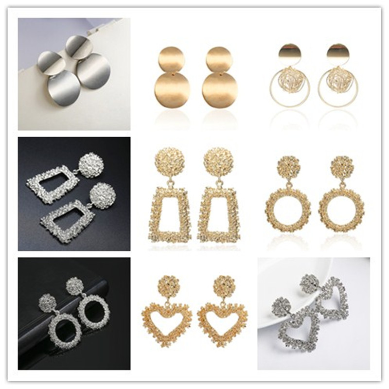 

Fashion Silver Gold Color Statement Earrings Big Geometric Heart Square Earrings For Women Hanging Dangle Drop Earing