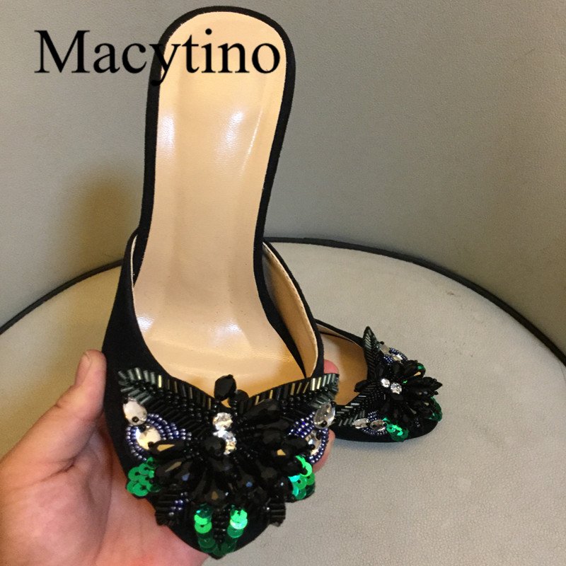 

Summer Jewelled Heel Party Sandals Sequined Bling Bling Butterfly High Heel Shoes Formal Lady Dress Slides Women Mules Shoes, Black 10cm