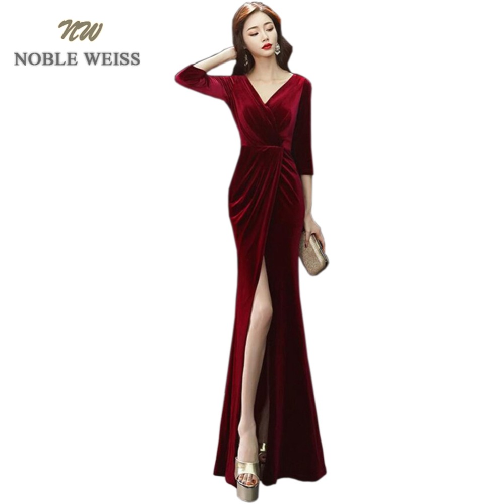 

NOBLE WEISS Mermaid Evening Gowns 2019 Burgundy Prom Dress Sexy V Neck Side Split Long Evening Dresses, Black