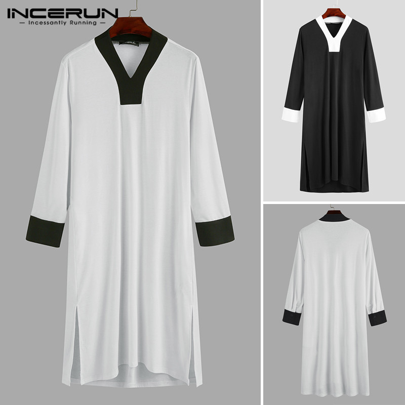

2020 Man Muslim Kaftan Clothes Robes Saudi Long Shirts Men Vintage Jubba Thobe Long Sleeve V Neck Patchwork Arab Dubai Robes 5XL