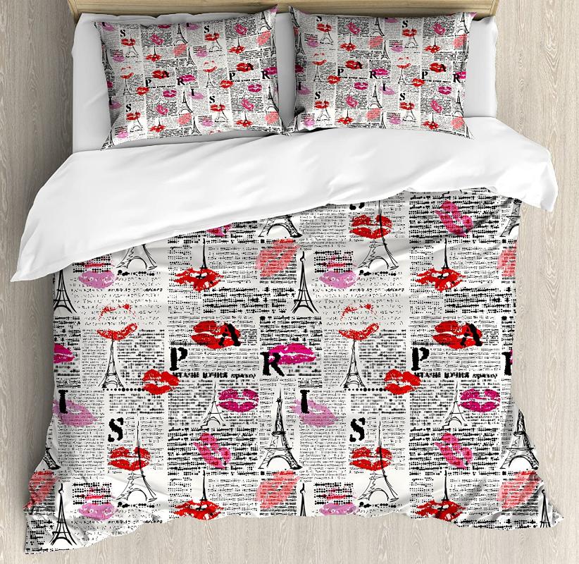

Paris Duvet Cover Set Sexy Lipstick Kiss with Tourist Attraction Tower Sketch Newspaper Looking Background Bedding Set, As pic