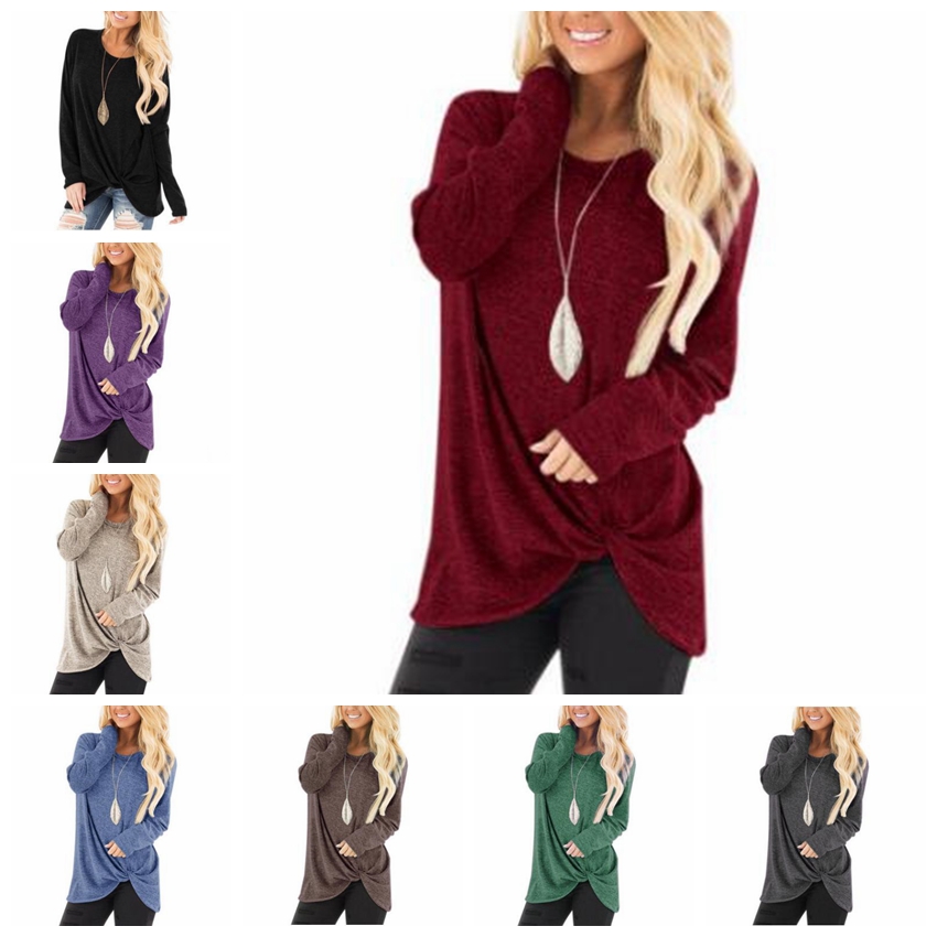 

Knotted T-shirts Women Solid Long Sleeve Shirts Twist Casual Irregular Blouse Fashion Loose Tops European America Tanks Women Clothes D6998, Mixed colors;random delivery