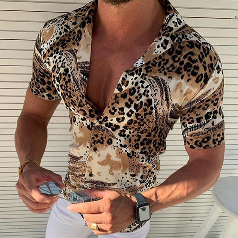 

2020 Men Shirt Fashion Leopard Printed Streetwear Mens Clothing Casual Short Sleeve Turn-down Collar Oversized Slim Male Shirt