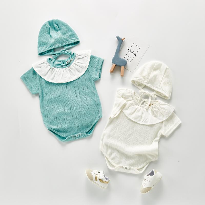 

3765 All Match Baby Rompers New Sweet Baby Girl Bodysuit Lotus Leaf Collar Soft Fart Bodysuit Creeper With Hat, White