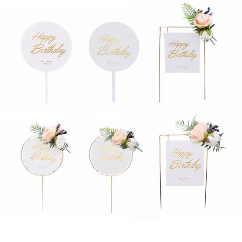 

1pc Metal Cake Topper Acrylic Happy Birthday Cuocake Flags Cake Decorating Dessert Baby Shower Birthday Wedding Decor Supplies