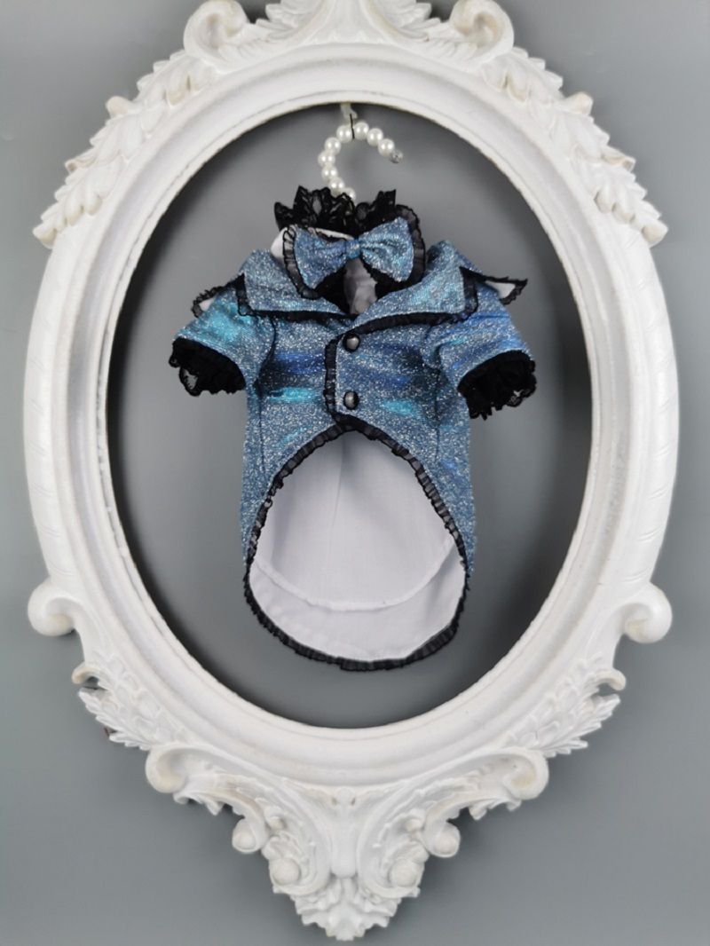 

Free shipping handmade dog clothes Sparkle fabric lace including shirt bow tie Two-piece smart dog suit cats pets clothes poodle, Blue
