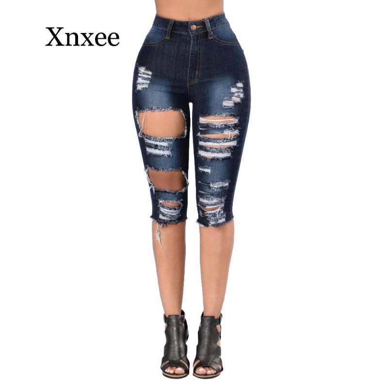 

Dark Blue Pensil Pants Long Women Ripped Knee Length Jeans Pants Summer Cutout Big Hole Capris Jeans Destroyed Capri Femal