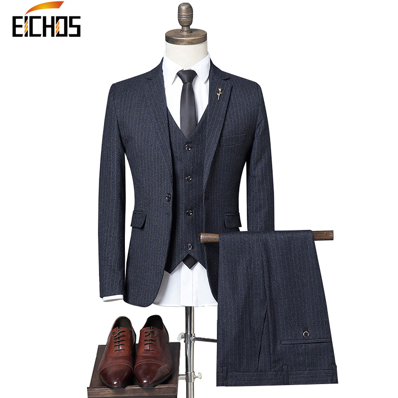 

Three-piece Business Suits Men Stripe Design Wedding Dress Suit Formal 2020 New Slim Fit Black Gray Classic Coat Waistcoat Pant