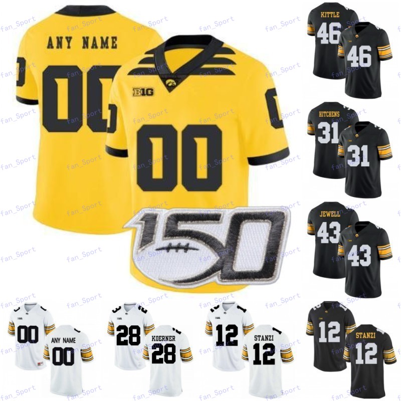 

Custom Iowa Hawkeyes 2019 New Gold White Black any name number Football 4 Nate Stanley 94 AJ Epenesa 1 Marshall Koehn 12 Ricky Stanzi jersey, As