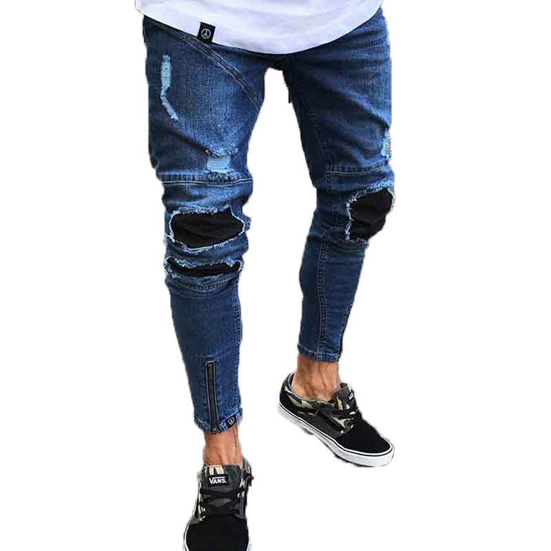 

Skinny Ripped Jeans Men Hip Hop Stripe Slim Fit Denim Pants Male Pencil Bottoms Street Knee Ripped Holes Jean Mens, Dark blue
