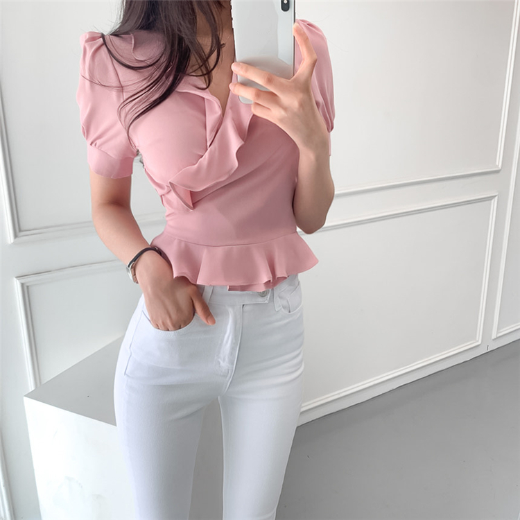 

ZCWXM New Chic 2020 Women' Summer Blouses One Piece Shirts Casual V-Neck Ruffles Elegant Puff Sleeve Lace Up Short Tops, Pink