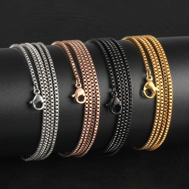 

Wholesale 18-32 inches Silver/Rose Gold/Gold/Black 316L Stainless Steel 1.5mm Box Chain Pendant Necklace Wholesale Jewelry for women/men