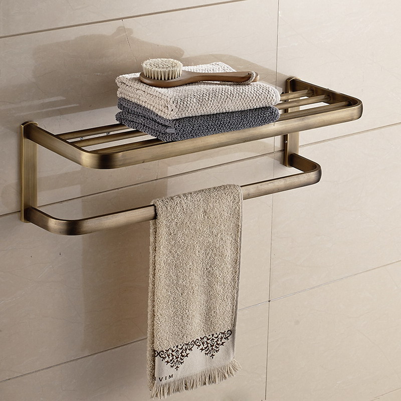 

Antique Brass Square Bath Towel Rack Bathroom Towel Holder Double Shelf Bathroom Accessories, As pic