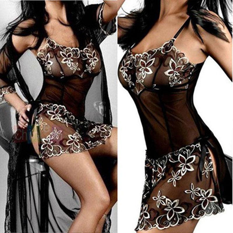 

Black Nightgown Fashion Women Sexy Spaghetti Strap Lace Patchwork Lingerie Dress Sleepwear Sleepshirts