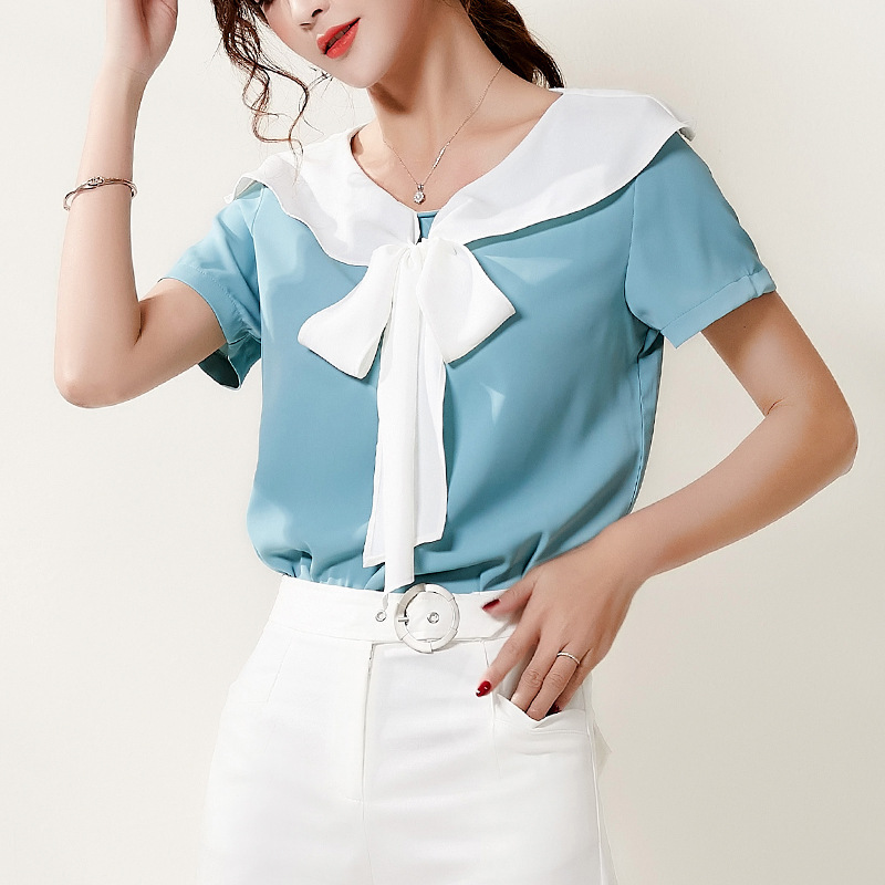 

Shirts Women Summer New Korean Chiffon Blouse Temperament Ruffled Bowknot Simple Shirt Women, Blue
