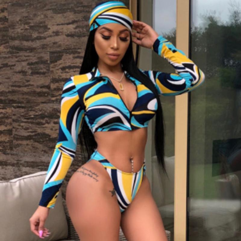 

swimming suit for women 2020 mujer Sexy Long Sleeve Print Zipped Bikini Set Summer Beach Swimsuit 3pcs mayo