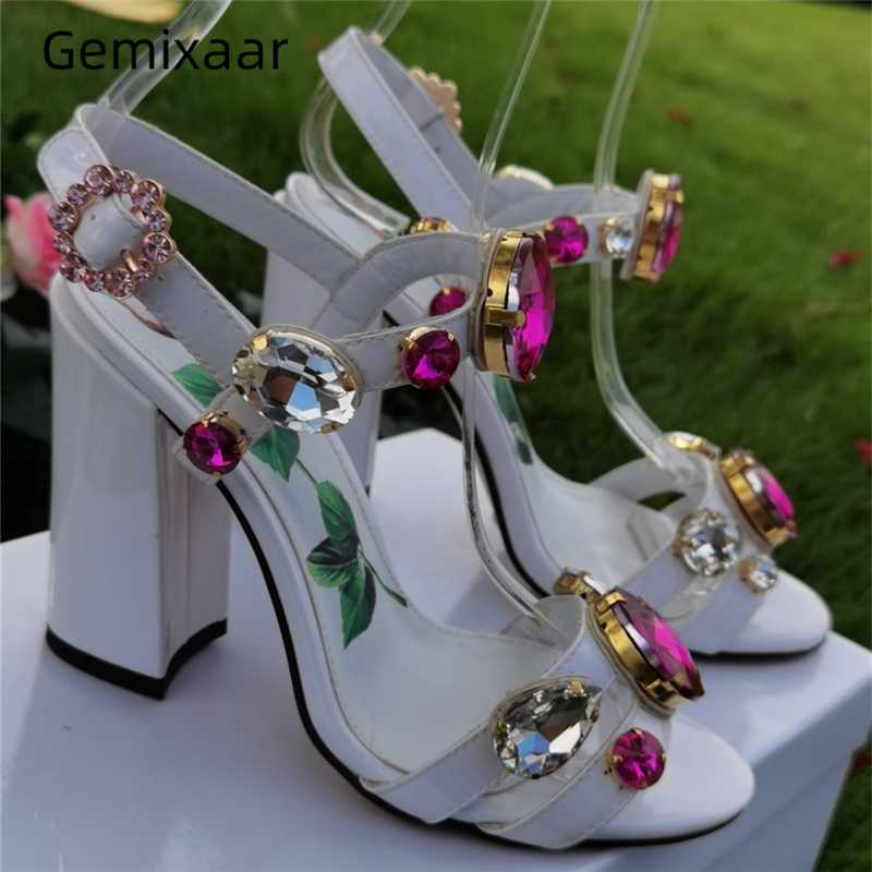

Luxury Diamond Chunky Heel Sandals Women Ankle Strap Printed Flower Open Toe Crystal Rhinestone Banquet Shoes Woman, White