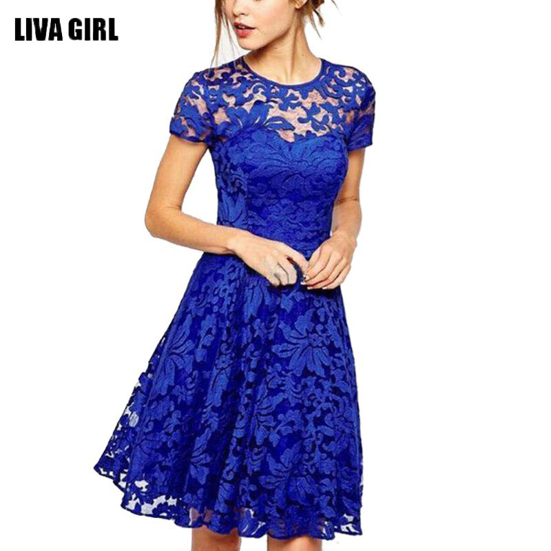 

*Women Floral Lace Dresses Short Sleeve Party Casual Color Blue Red Black Mini Dress*