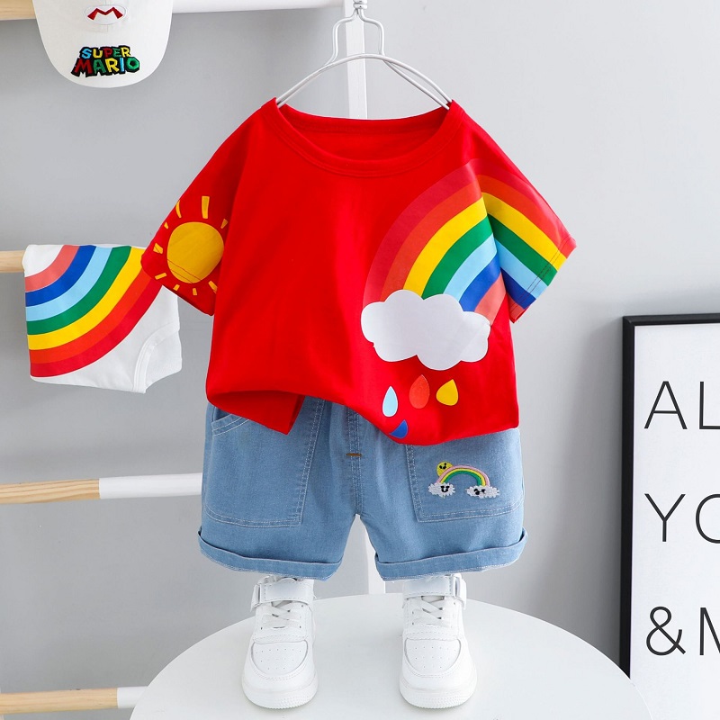 

Summer Children Newborn Boys Girls Clothes Rainbow Kids Clothing Infant Suit Toddler T-Shirt Pants set Baby Casual Tracksuit 0-5, Red