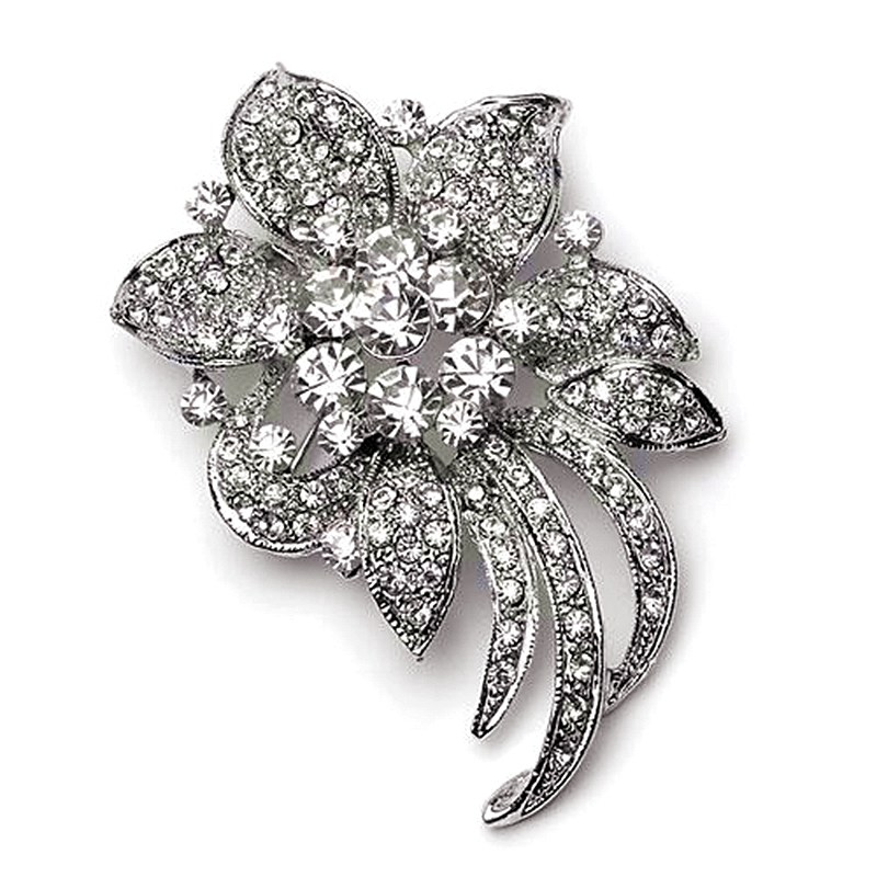 

2.75 Inch Vintage Style Rhodium Silver Clear Crystal Diamante Party Corsage Brooch Prom Party Pins