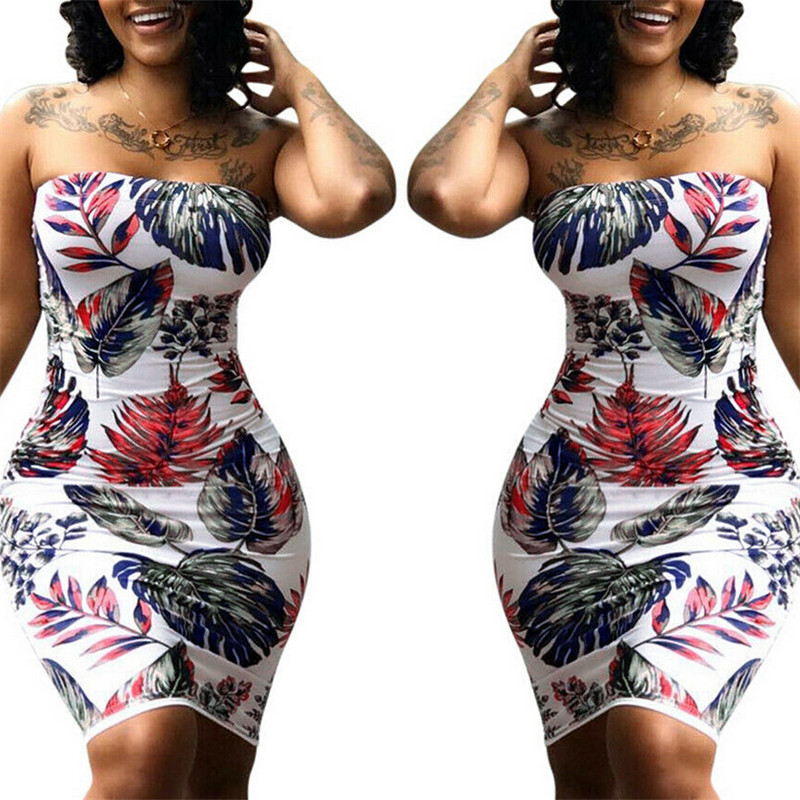 

Women Summer Leaves Floral Printed Strapless Bodycon Sleeveless Dresss Wrap Chest Party Cocktail Mini Dress Dresses Plus Size -3XL, Blue