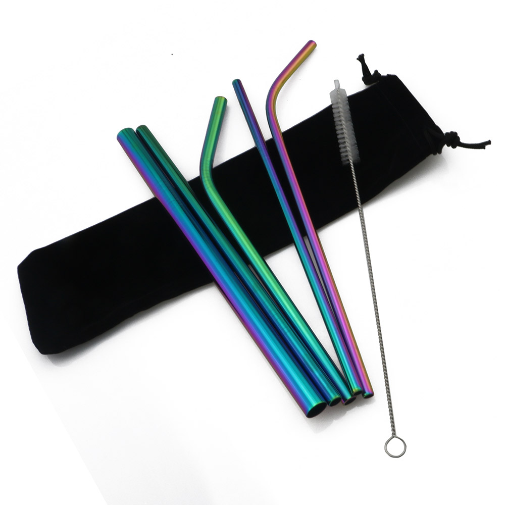 

7pcs Eco Friendly 12mm Rainbow Reusable Straw 304 Stainless Steel Metal Straw Metal Drinking Straws with Brush & Bag