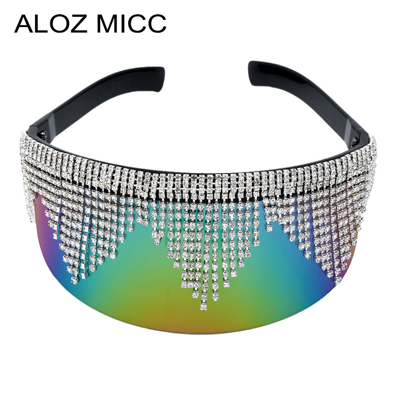 

ALOZ MICC Luxury Rhinestone Sunglasses Women Brand Design Oversized Crystal Shield Visor Sun Glasses Female Windproof EyeglassesA148