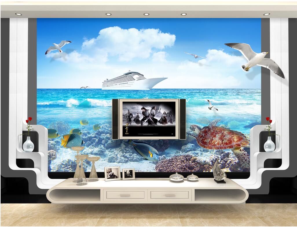 

WDBH custom photo 3d wallpaper Seaside yacht seagull scenery background living room Home decor 3d wall murals wallpaper for walls 3 d, Non-woven